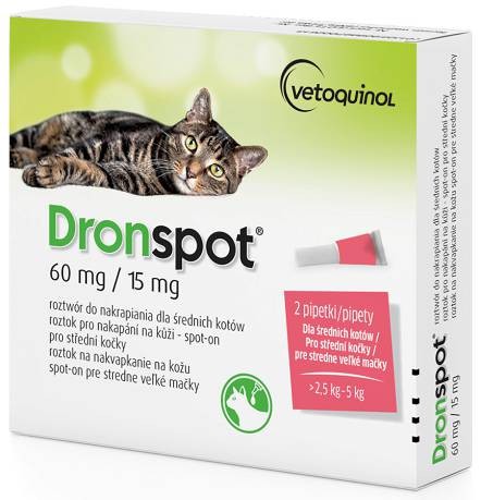 DRONSPOT Krople na odrobaczanie 2 X 0,7 ml (60 mg/15 mg) / Średni kot