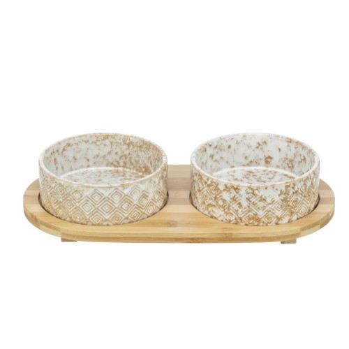TRIXIE Zestaw misek biało jasnobrązowych, ceramika/bambus, 2 × 0.3 l/o 12 cm