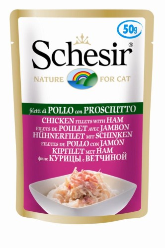 SCHESIR Mokra karma dla kota - Filety z kurczaka z szynką, 50 g