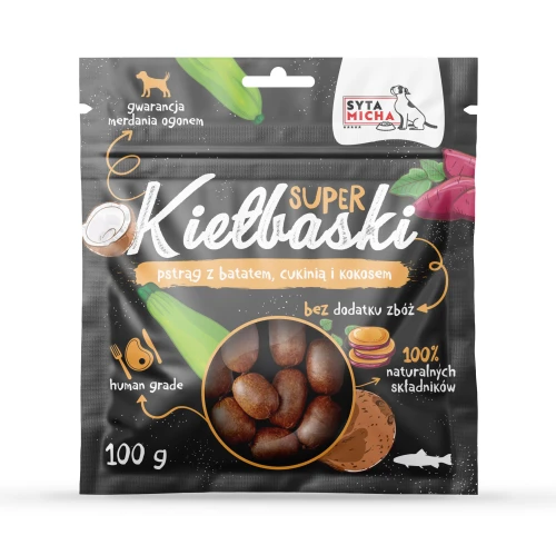 SYTA MICHA Super kiełbaski dla psa z pstrągiem, batatem i cukinią, 100g