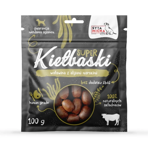 SYTA MICHA Super kiełbaski dla psa z wołowiną i algami morskimi, 100g