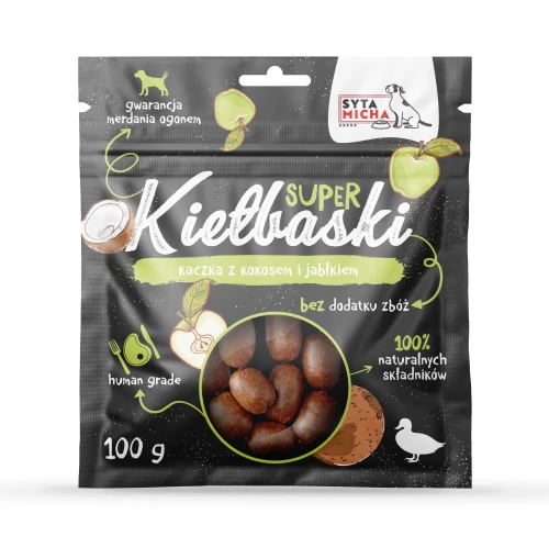 SYTA MICHA Super kiełbaski dla psa z kaczką, kokosem i jabłkiem, 100g